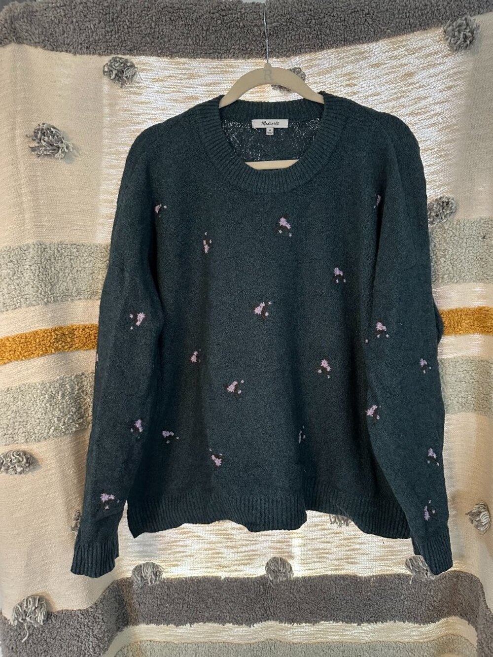Madewell Embroidered Cross-Stitch Floral Crewneck Sweater Dark Green Plus 1X